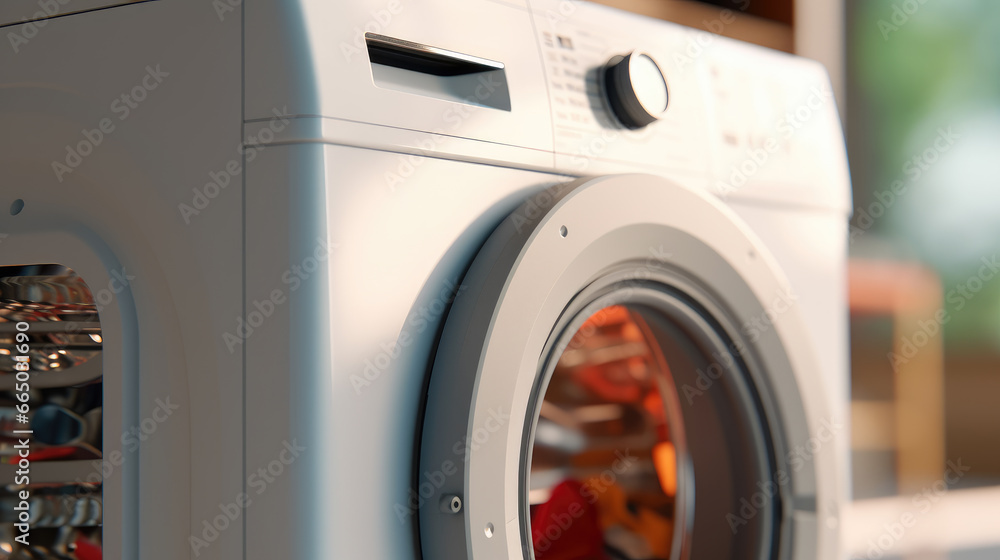 Close-up of a modern washing machine loaded with a pile of fresh laundry