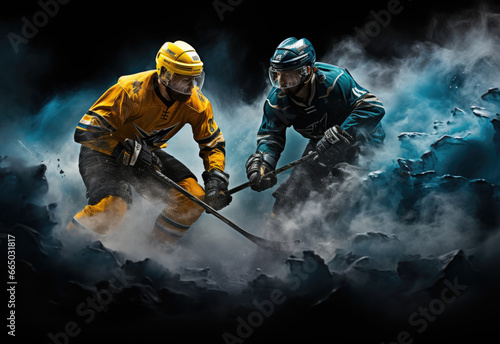Caucassian ice hockey Players in dynamic action in a professional, two hockey players playing ice hockey