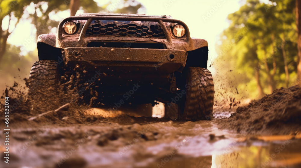 Obraz premium Close-up view of car tires conquering the muddy terrain