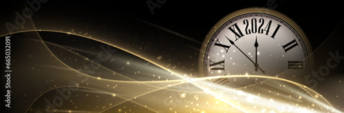 New Year 2024 countdown clock over golden sand with transparent waves on black background.