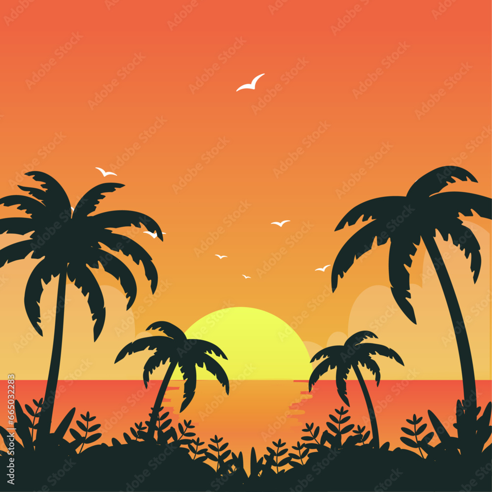 sunset beach palm silhouettes background style