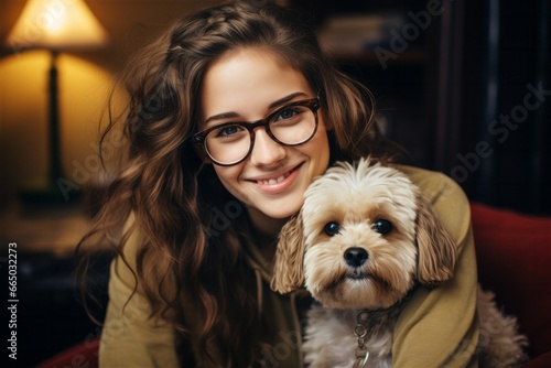 Young and pretty woman working on laptop at home office and stroking her lovely dog