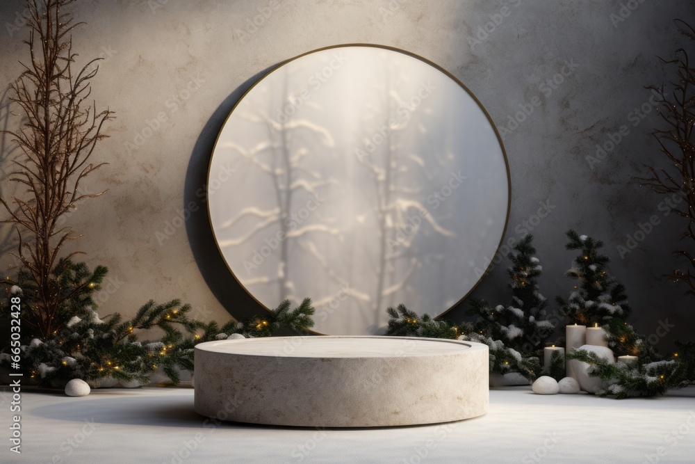 Round podium made from natural marble with branches of pine tree decorated with Christmas lights, for product display Round podium made from natural marble with branches of pine tree decorated with Christmas lights, for product display