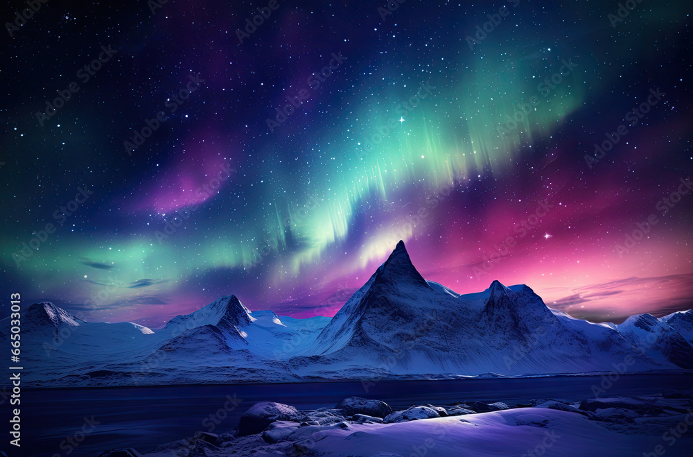 aurora borealis over mountains in black and purple