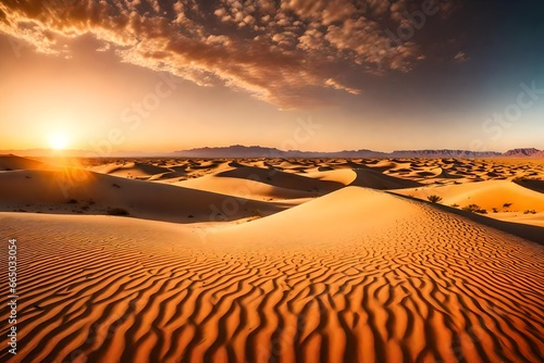 A panoramic view of a vibrant  multicolored desert landscape during the magic hour  with sand dunes stretching to the horizon.