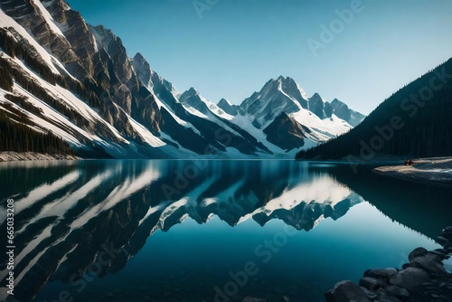A serene, mirror-like reflection of a mountain in a calm alpine lake.