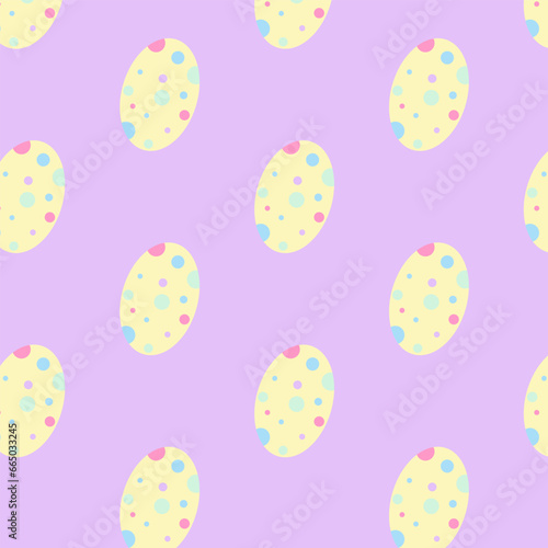 Egg seamless pattern isolated on violet background.Colorful pastel eggs repeat pattern with polka dots.Cute background.Easter egg. 