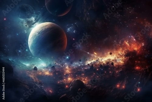A breathtaking cosmic scene of a galaxy, planets, and space objects. Generative AI