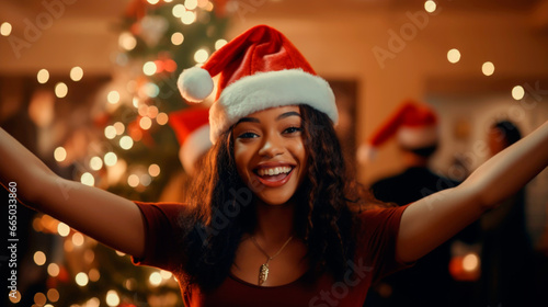 Head shot portrait overjoyed African American woman laughing, looking at camera, posing on Christmas tree background at home. Ai generated