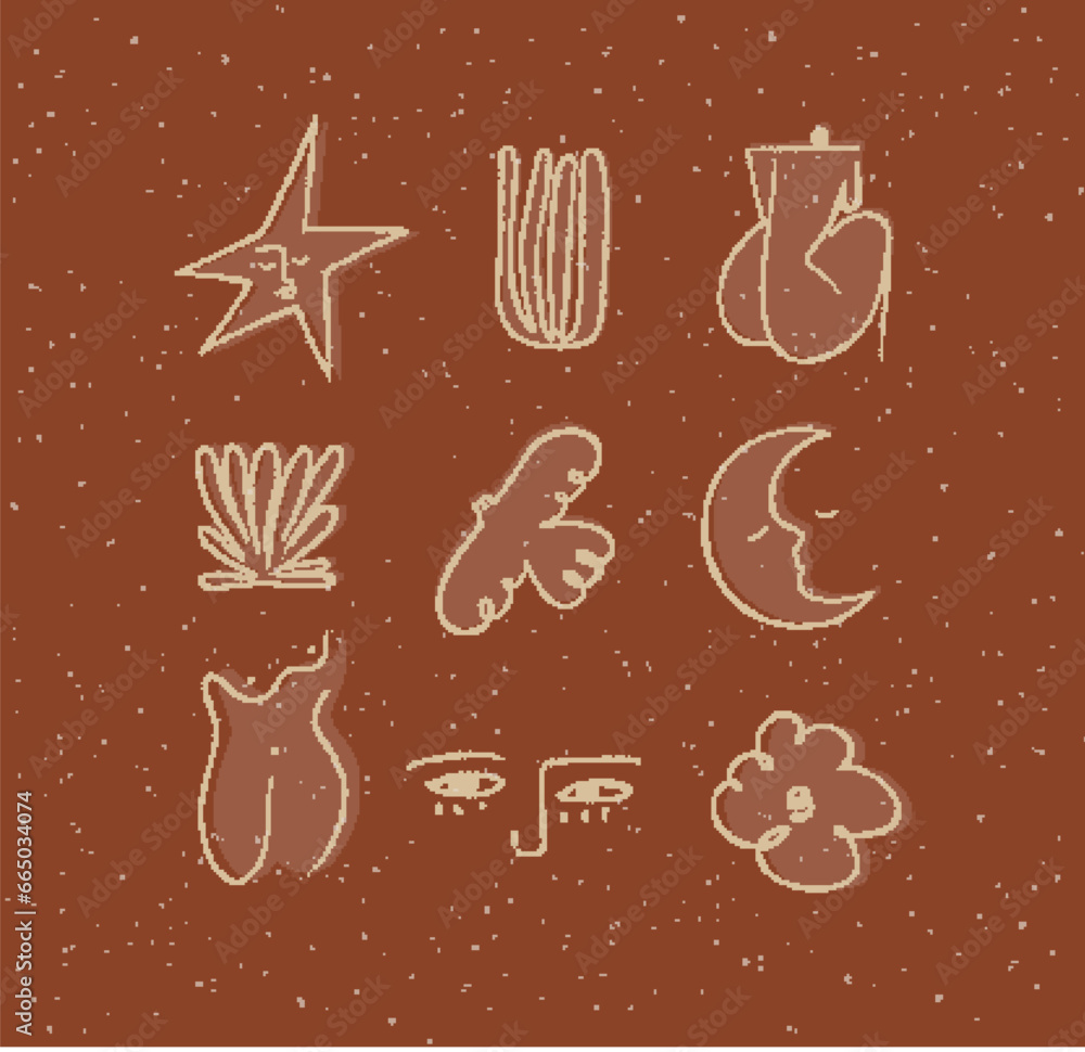 Icons art style star, plant, woman, bird, moon, eyes cloud drawing on brown background