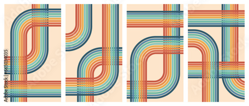 Set of geometric retro backgrounds with rainbow. Trendy groovy print design for posters, cards. Vector