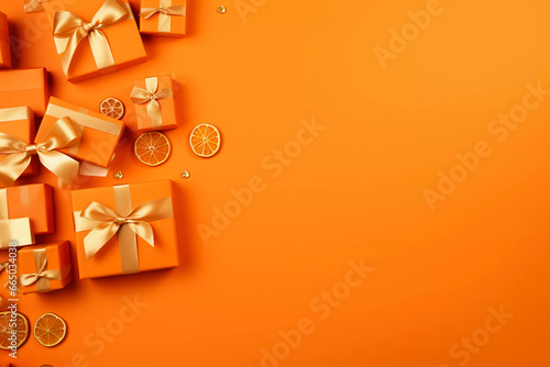 Orange gift boxes placed on an orange background, the concept of discounts. Space for text. photo