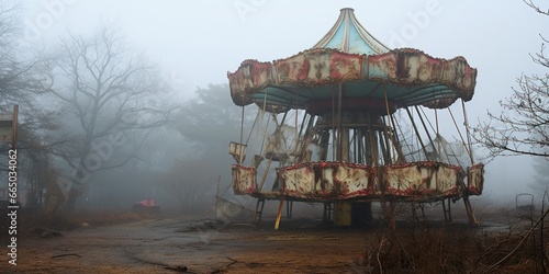 Eerie, fog-shrouded abandoned amusement park ride , concept of Desolate photo