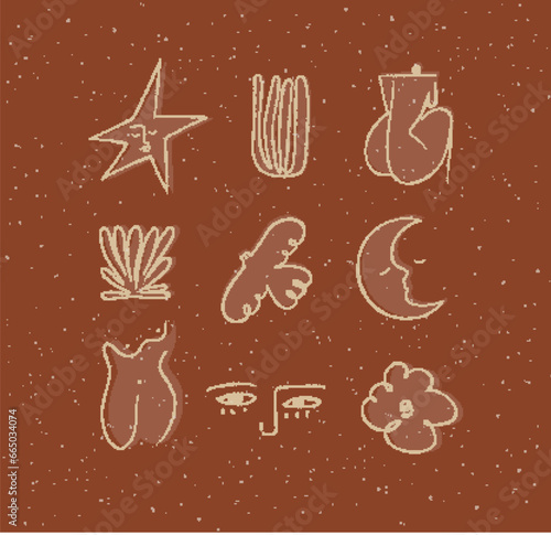 Obraz na płótnie Icons art style star, plant, woman, bird, moon, eyes cloud drawing on brown background w salonie