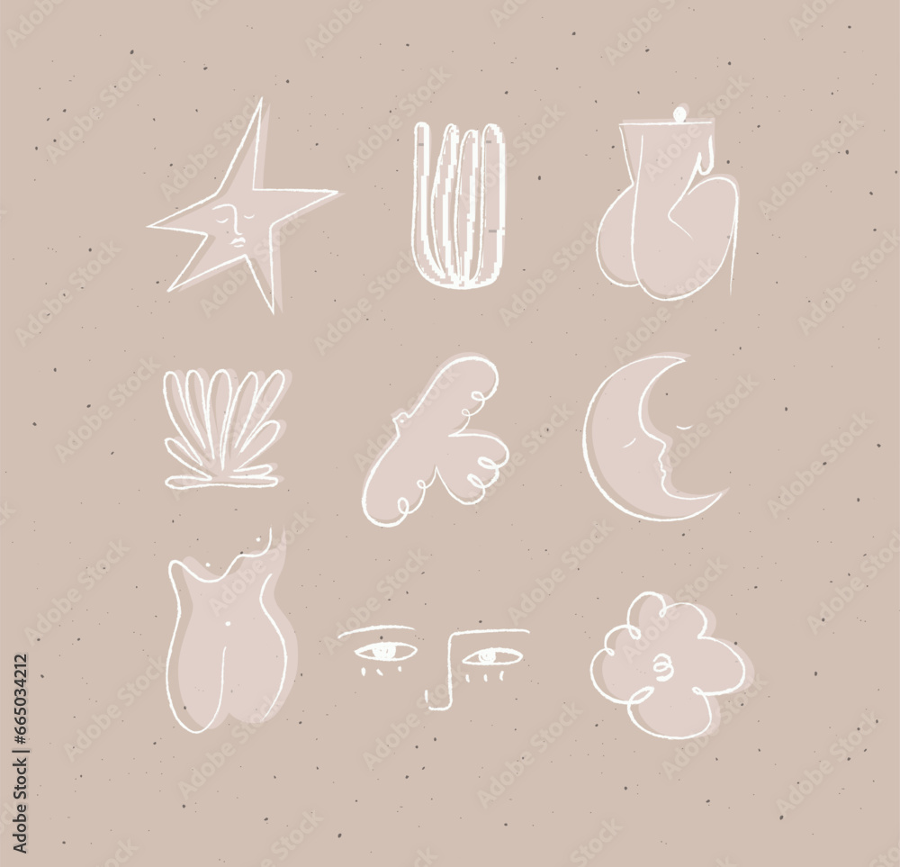 Icons art style star, plant, woman, bird, moon, eyes, cloud drawing on coffee color background