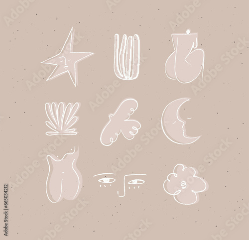 Obraz na płótnie Icons art style star, plant, woman, bird, moon, eyes, cloud drawing on coffee color background w salonie
