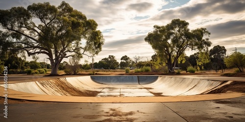 Deserted, once-popular skateboard park overtaken by nature , concept of Decay