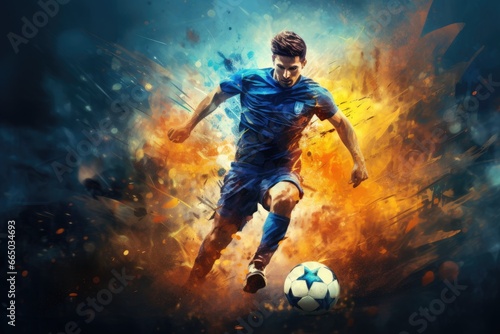 Dynamic soccer player dribbling the ball on the field.