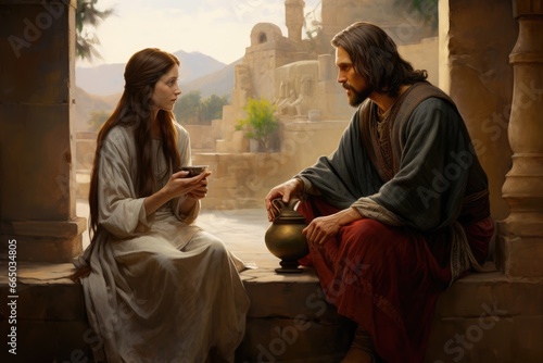 Jesus and the Samaritan woman, divine wisdom, breaking barriers. photo