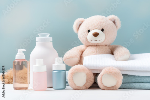 Baby bath accessories, bottles of shampoo with pink bear and towels