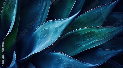closeup agave cactus, abstract natural pattern background and textures, dark blue toned photo