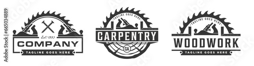 Carpentry logo emblem vintage vector illustration with jack plane or spokeshave icons. Set woodworking logo vintage retro design silhouette isolated