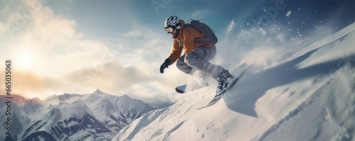 Snowboarder on winter slope in speed. Snowboarder jumping through snowy air.