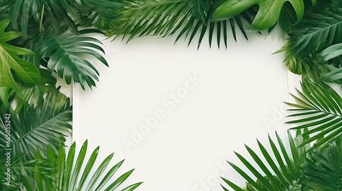 creative tropical green leaves and palms with white paper note, nature flat lay concept, copy space background
