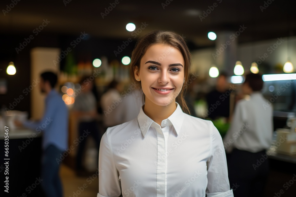 Smiling, young and attractive saleswoman, cashier serving customers close-up portrait Smiling, young and attractive saleswoman, cashier serving customers close-up portrait