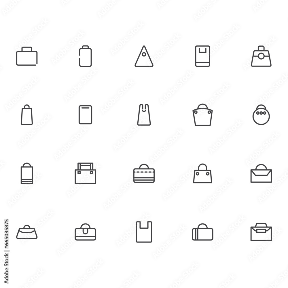 Line icon set containing shopping bags. plastic bags to luxury bags, 36x36 perfect icon Line icon set containing shopping bags. plastic bags to luxury bags, 36x36 perfect icon