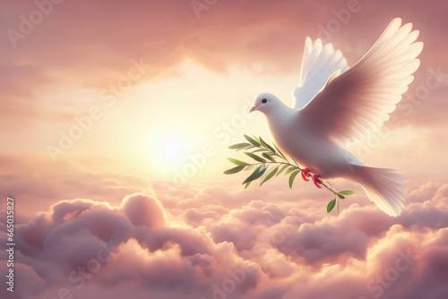 white dove or white pigeon carrying olive leaf branch on Sunrise. White Dove carrying olive leaf branch on Beautiful light. White Dove carrying leaf branch on sky