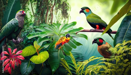 Tropical background with lush plants and exotic birds in vivid colors in a tropical jungle. Illustration created from generative AI