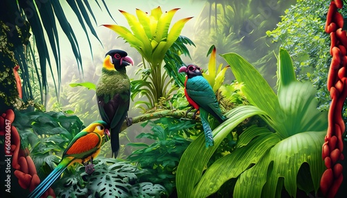Tropical background with lush plants and exotic birds in vivid colors in a tropical jungle. Illustration created from generative AI © juanorihuela