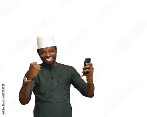 PNG of a young African reacting to videos from his smartphone on an isolated background