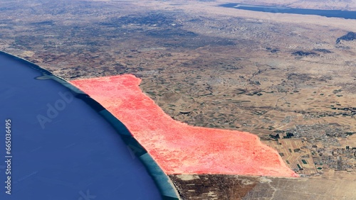 A 3D satellite image map of the earth showing the Gaza Strip in Palestine, southwest of Israel. The Gaza Strip is highlighted in red and the Rafah crossing is visible. No text.