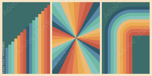 Set of geometric retro backgrounds with rainbow. Trendy groovy print design for posters, cards. Vector