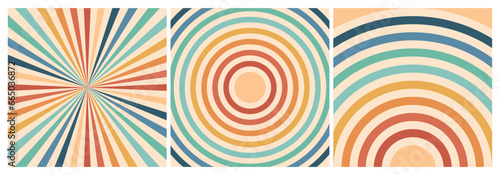 Set of colorful retro groovy backgrounds with rainbow and sun. Trendy posters, cards, banners