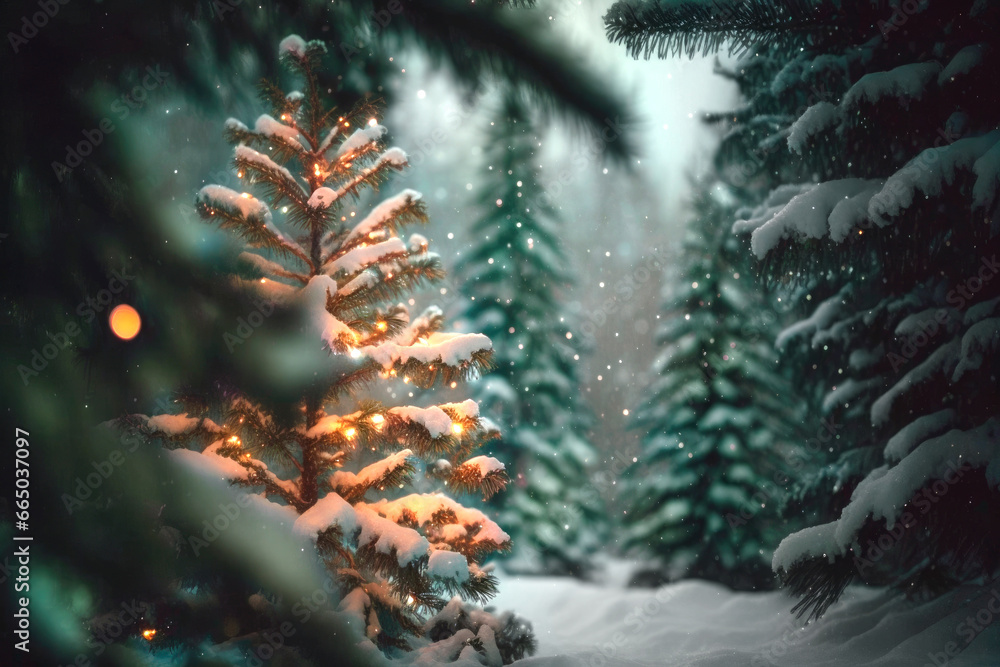 christmas tree with lights and snow on the branches in the foreground of a snowy blurry forest with evergreens in a calm environment
