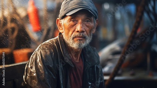 Sea boat fisher. Man working in seafood industry. Portrait on small fishing vessel