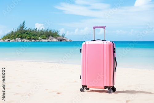 pink travel suitcase on tropical beach background © krissikunterbunt