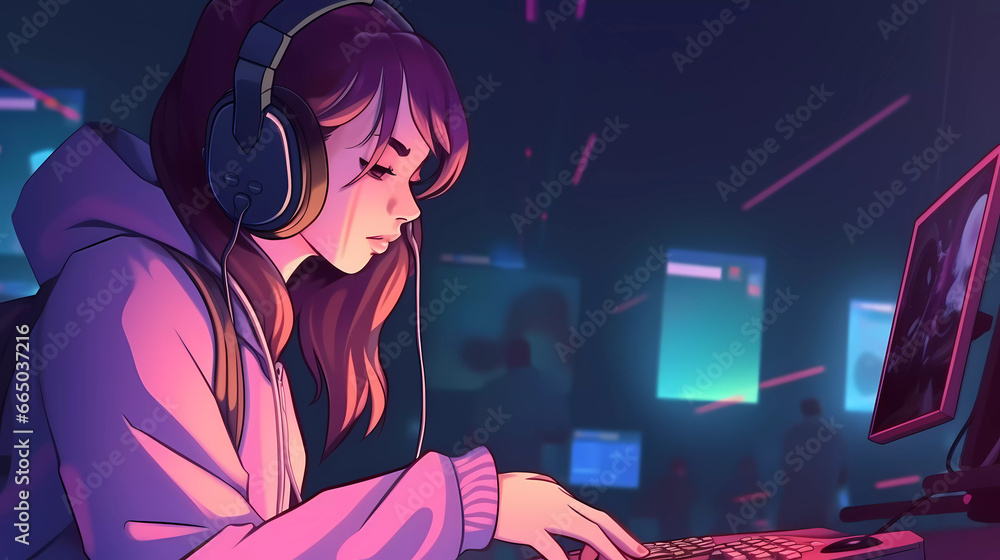 Anime style illustration girl wearing headphone working with laptop ,Gamer girl playing online game.Lofi concept.