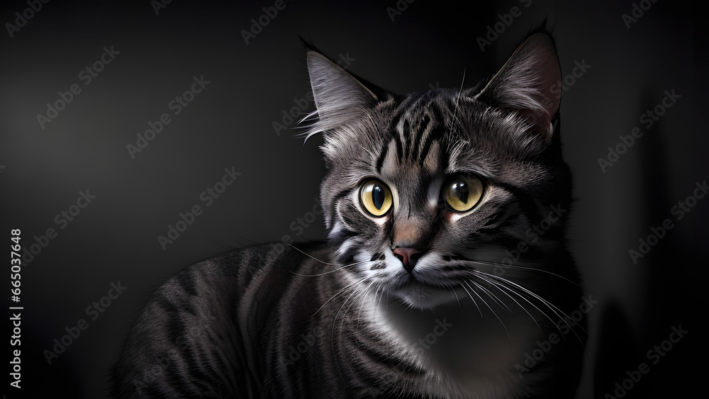 Cute black cat facing the camera black background closeup, copy space