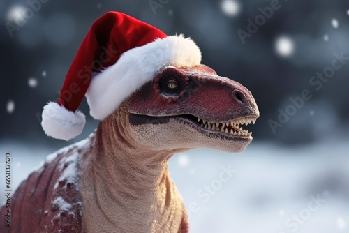 Funny dinosaur with santa claus hat in winter © Jürgen Fälchle
