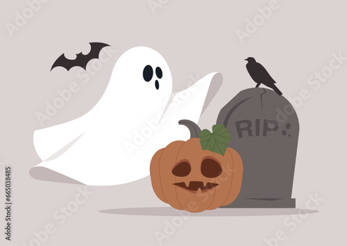 A collection of Halloween symbols, including a comical ghost fashioned from a bedsheet, a carved pumpkin, a gravestone, a crow perched atop it, and a bat