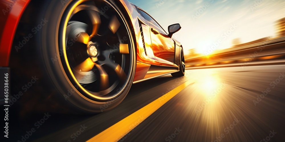 Speeding Sports Car Wheel Close-Up on Highway. Generative ai