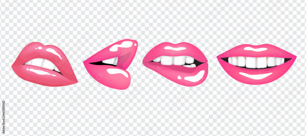 Realistic bright sexy female lips in pink color. Set of isolated vector illustrations on transparent background - obrazy, fototapety, plakaty 
