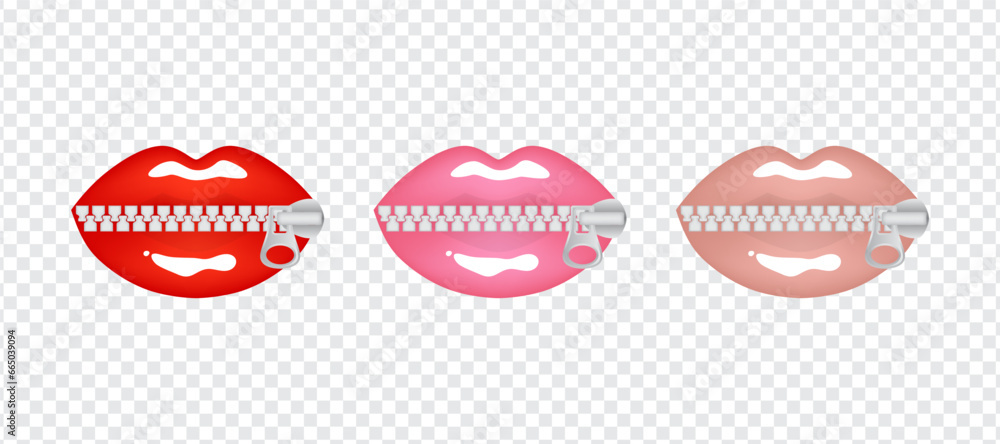 Realistic bright sexy female lips on a clasp in red, pink and beige nude colors. Set of isolated vector illustrations on transparent background - obrazy, fototapety, plakaty 