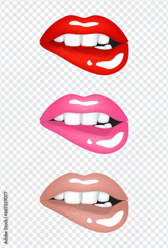 Realistic bright sexy female lips with teeth in red, pink and beige nude colors. Set of isolated vector illustrations on transparent background