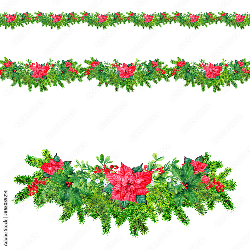 Watercolor Garland of green fir paws, snowberries, viburnum and poinsettia