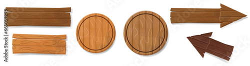 Set of wooden boards, arrow pointers and round plaques or cutting boards of light and dark wood. Isolated vector illustration